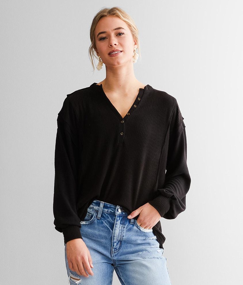 BKE Ribbed Knit Henley Women's Shirts/Blouses in Black Buckle