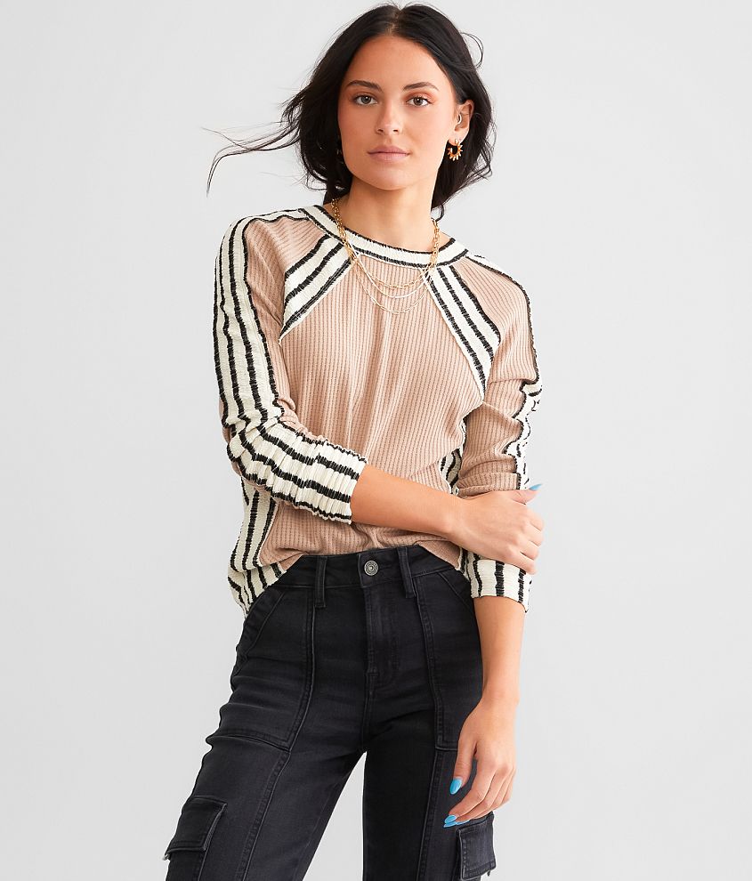 BKE Waffle Knit Henley - Women's Shirts/Blouses in Stone