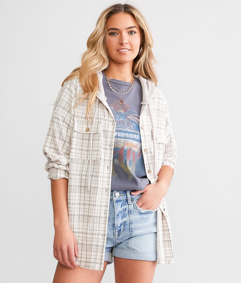 Modish Rebel Hooded Plaid Shirt front view