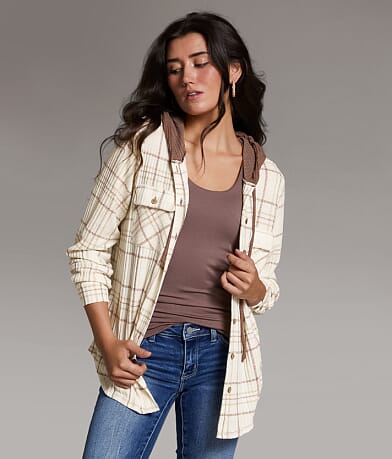 BKE Eased Plaid Hooded Shirt front view