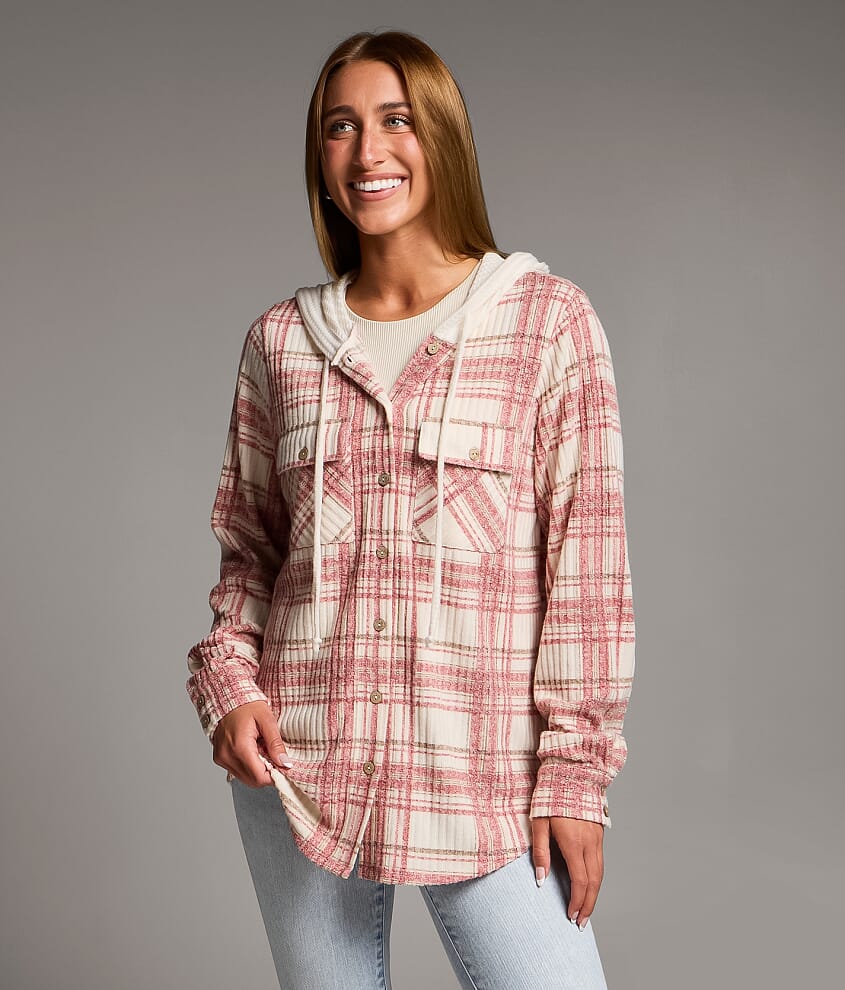 Brushed Plaid Hooded Shirt - thumbnail 2