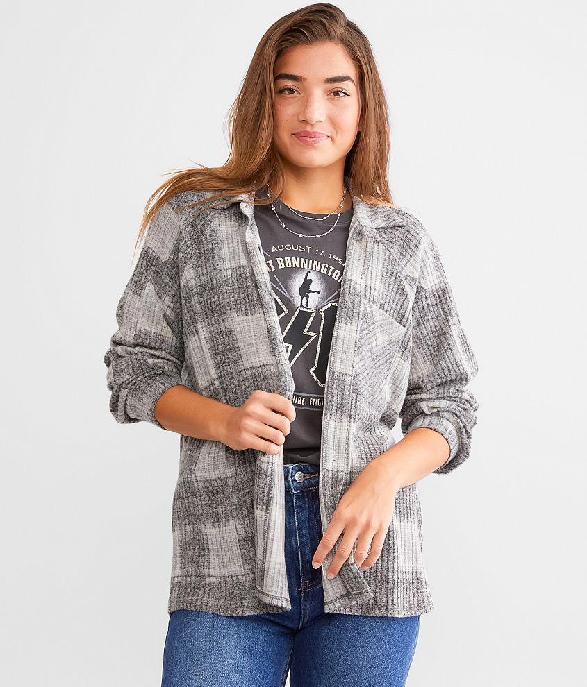 Modish Rebel Brushed Plaid Knit Shirt front view