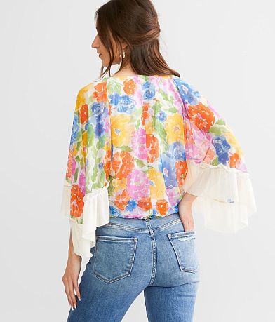 Willow &amp; Root Floral Surplice Mesh Top BACK