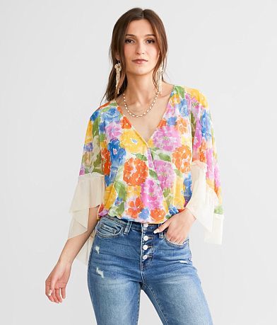 Willow & Root Floral Surplice Mesh Top front view