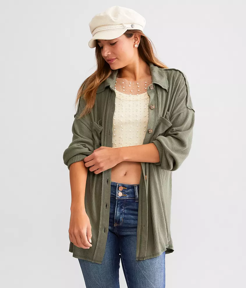 BKE Brushed Rib Knit Oversized Boyfriend Shirt Women's Shirts/Blouses