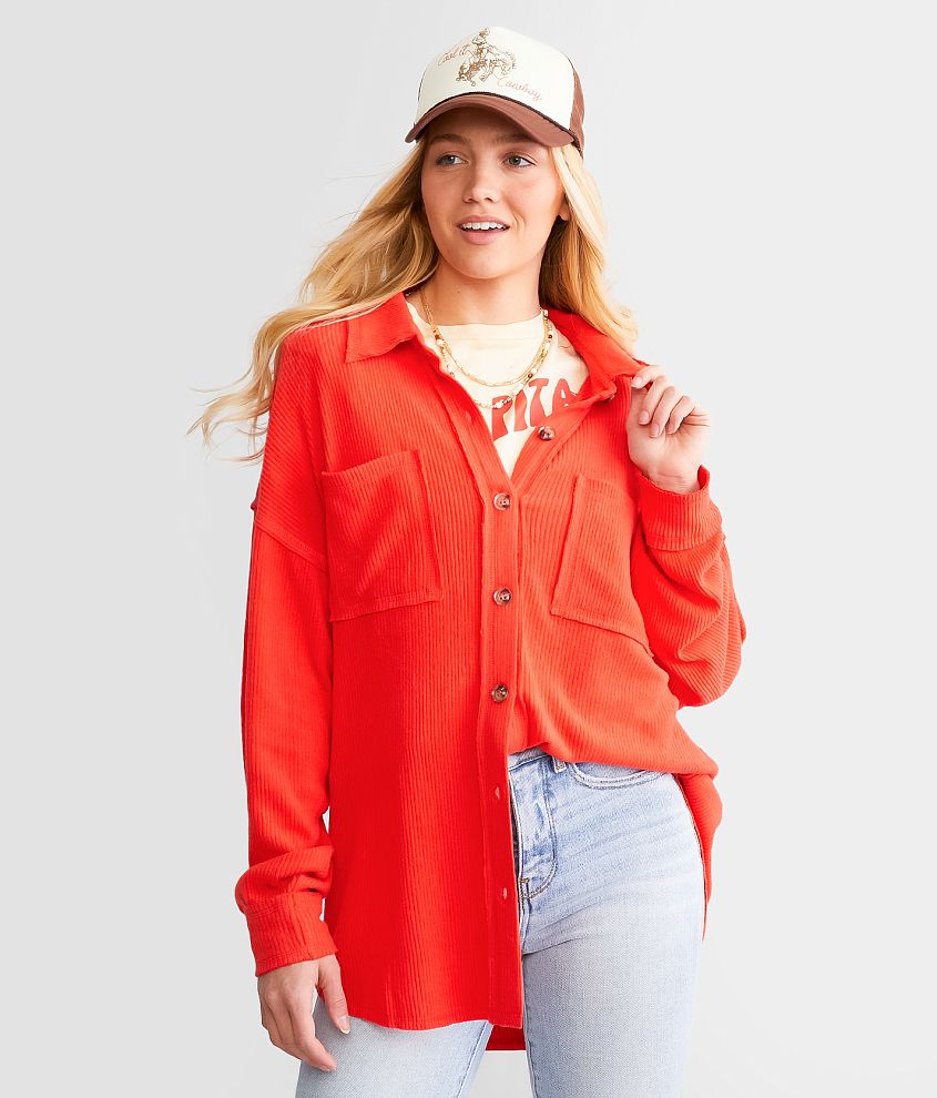 Brushed Rib Knit Oversized Boyfriend Shirt