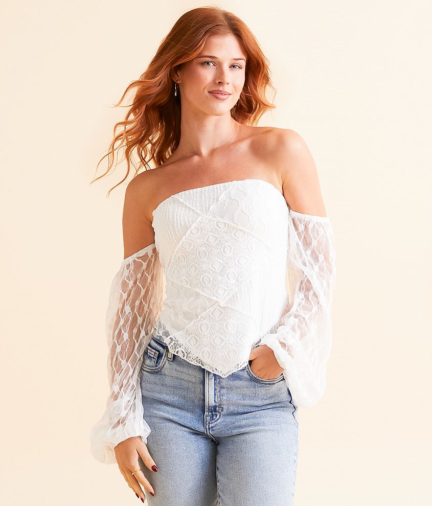 Willow &#38; Root Off The Shoulder Lace Hanky Top front view