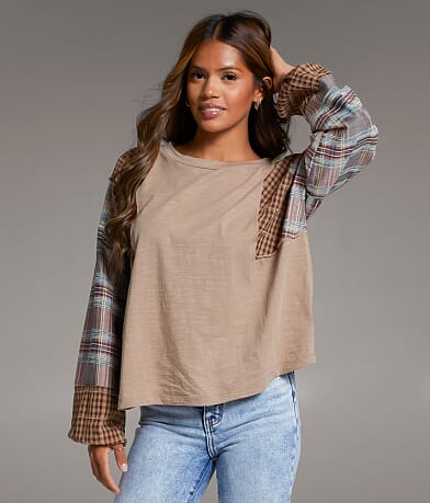 BKE Pieced Plaid Top front view