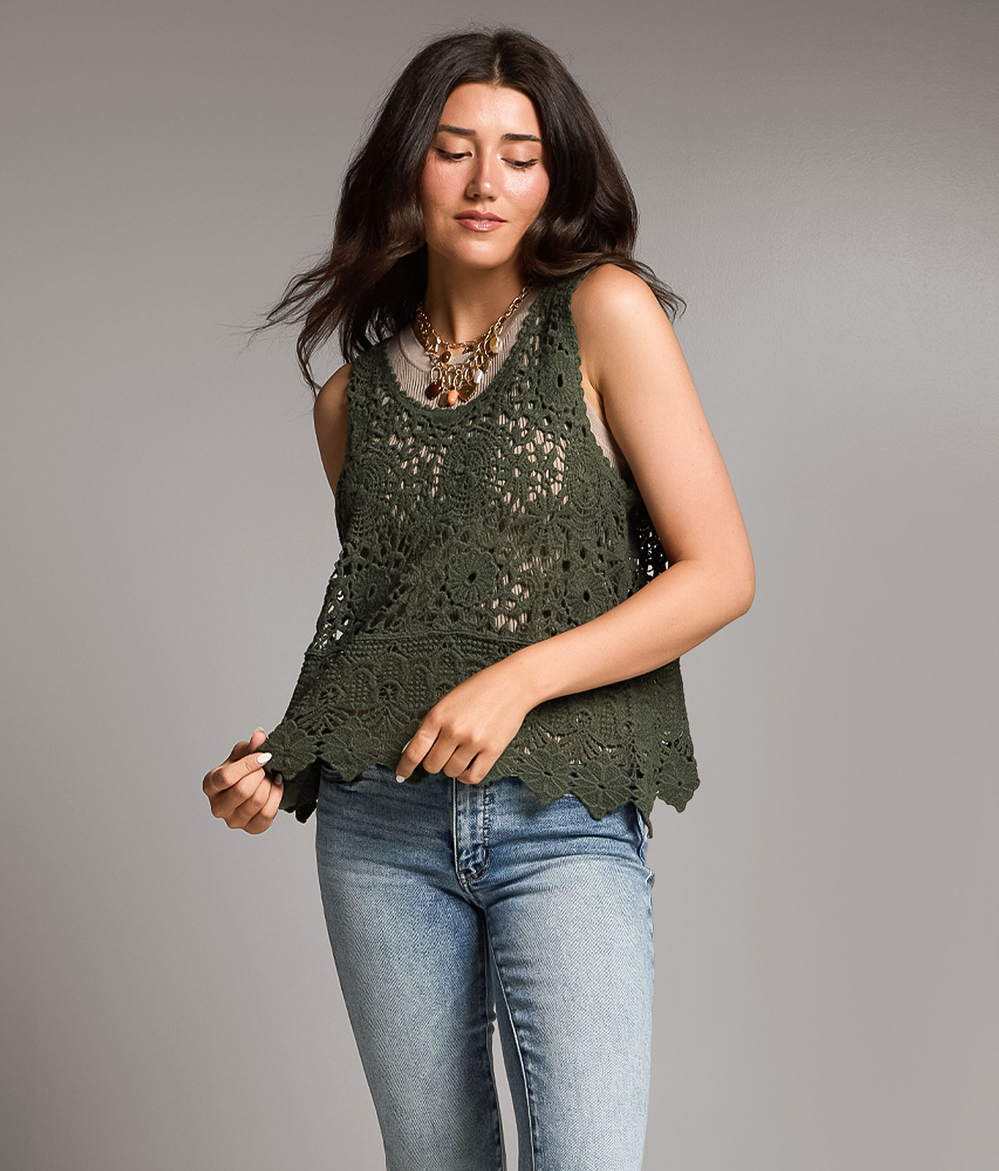 HYKE CROCHETED CROPPED SWEATER TOPニットベスト BKE Crochet Sweater Tank Top - Women's Tank Tops in Thyme | Buckle