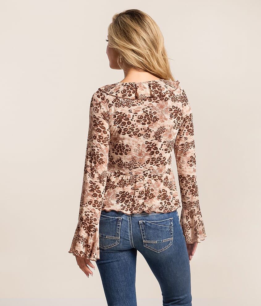 Floral Leopard Mesh Ruffle Top - thumbnail 2