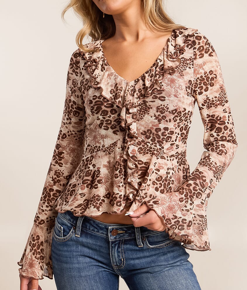 Floral Leopard Mesh Ruffle Top