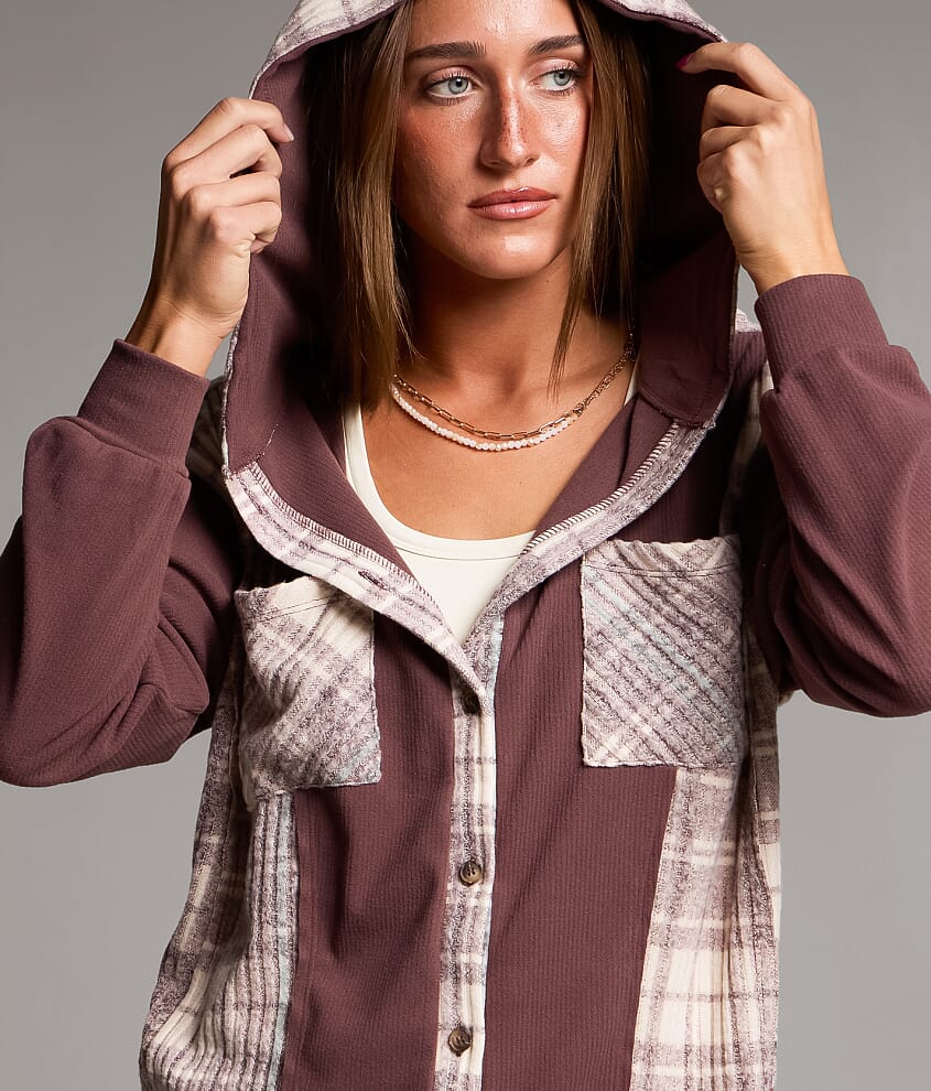 Brushed Rib Knit Hooded Shirt - thumbnail 4