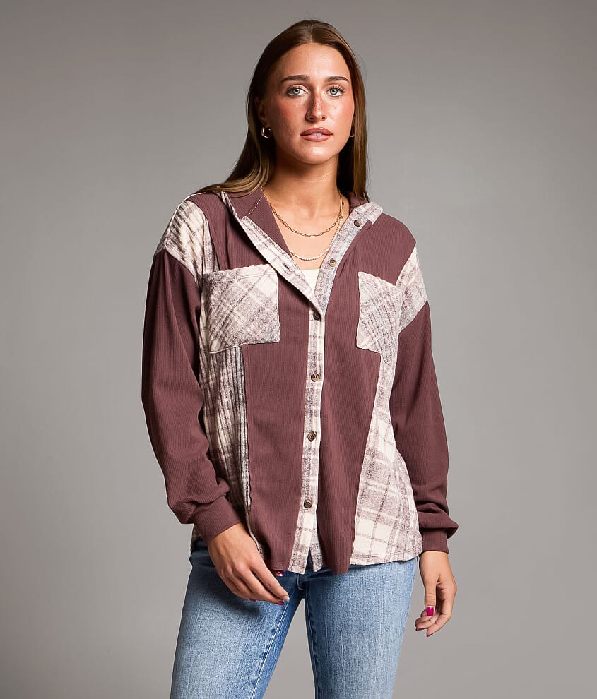 Brushed Rib Knit Hooded Shirt - thumbnail 2