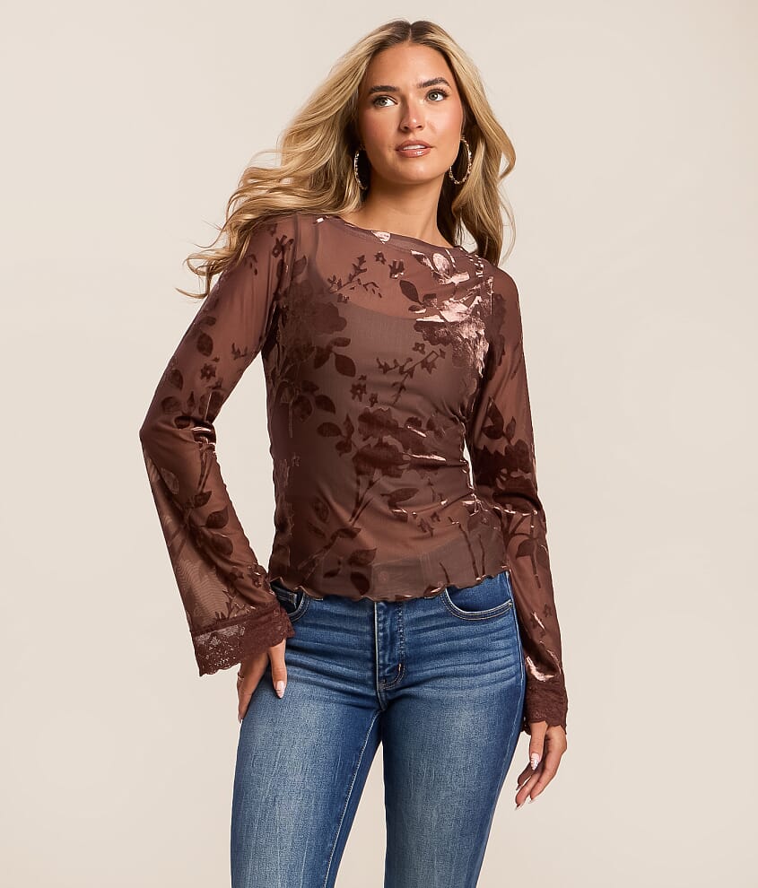 Floral Flocked Mesh Top