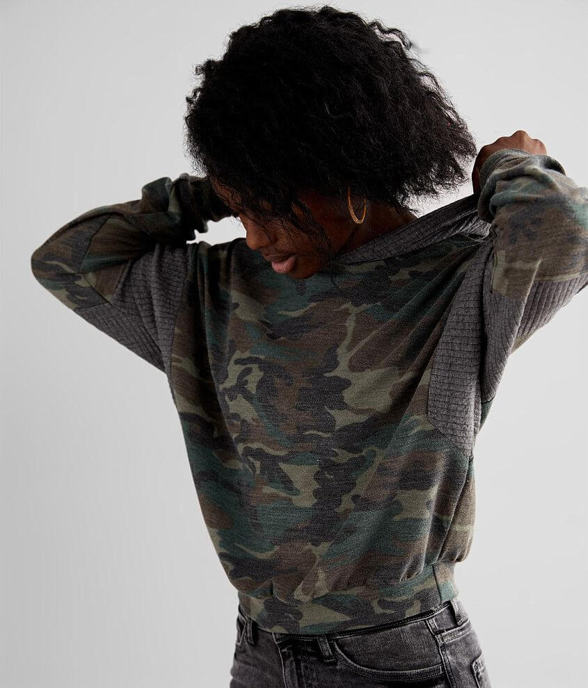Modish Rebel Pieced Camo Hoodie front view
