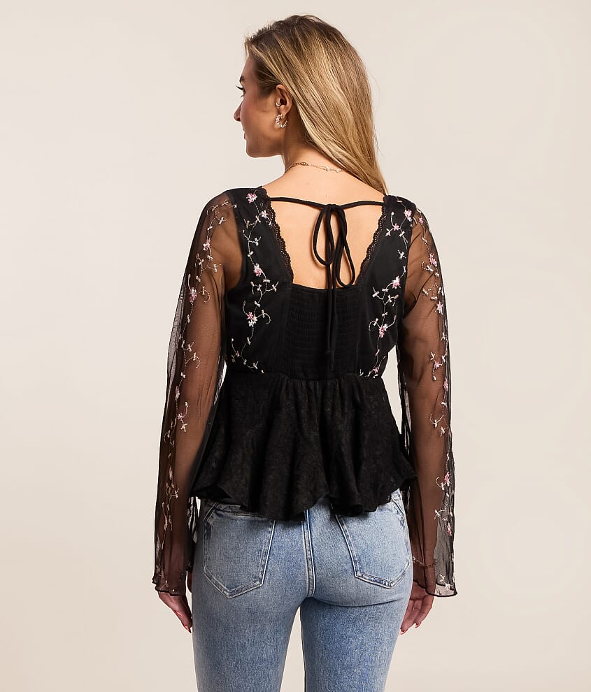 Floral Embroidered Mesh Peplum Top