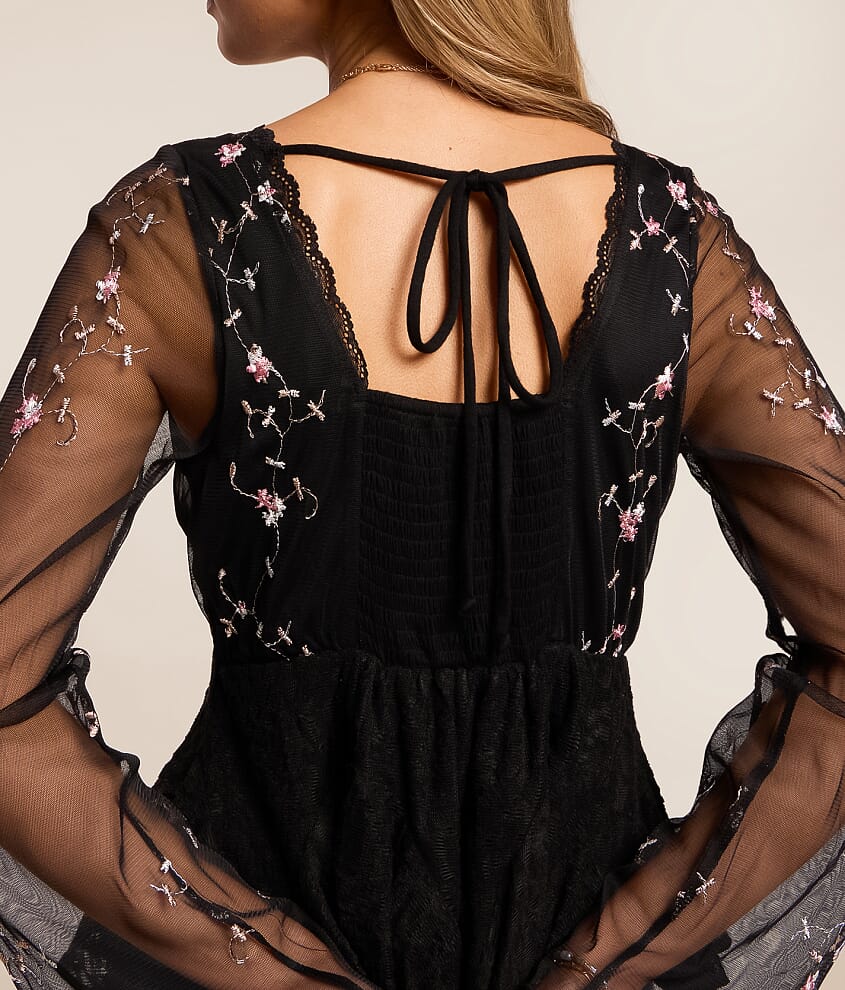Floral Embroidered Mesh Peplum Top - thumbnail 3