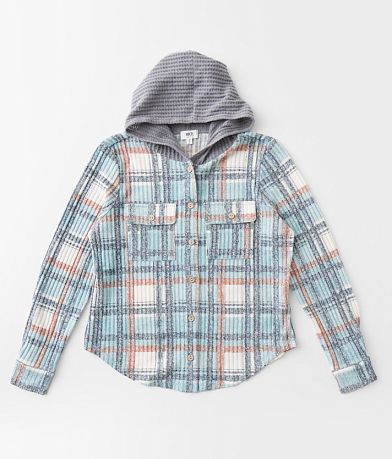 BKE Girls - Plaid Knit Hooded Shirt front view