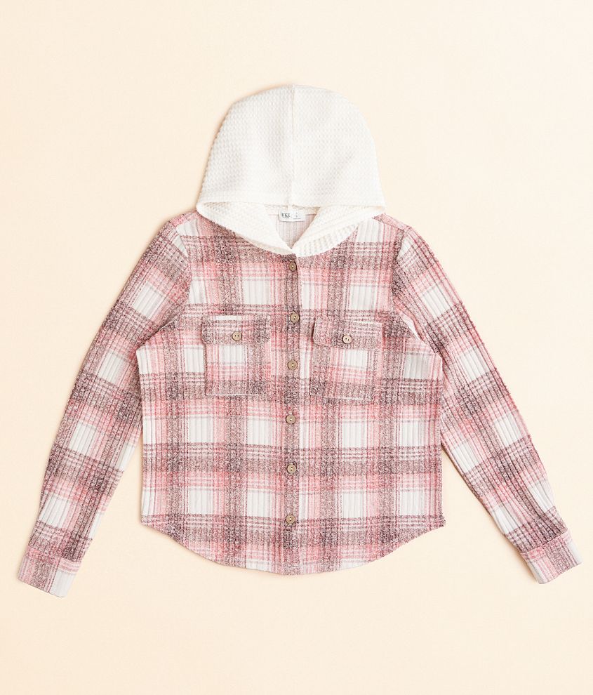 Girls - BKE Plaid Knit Hooded Shirt front view