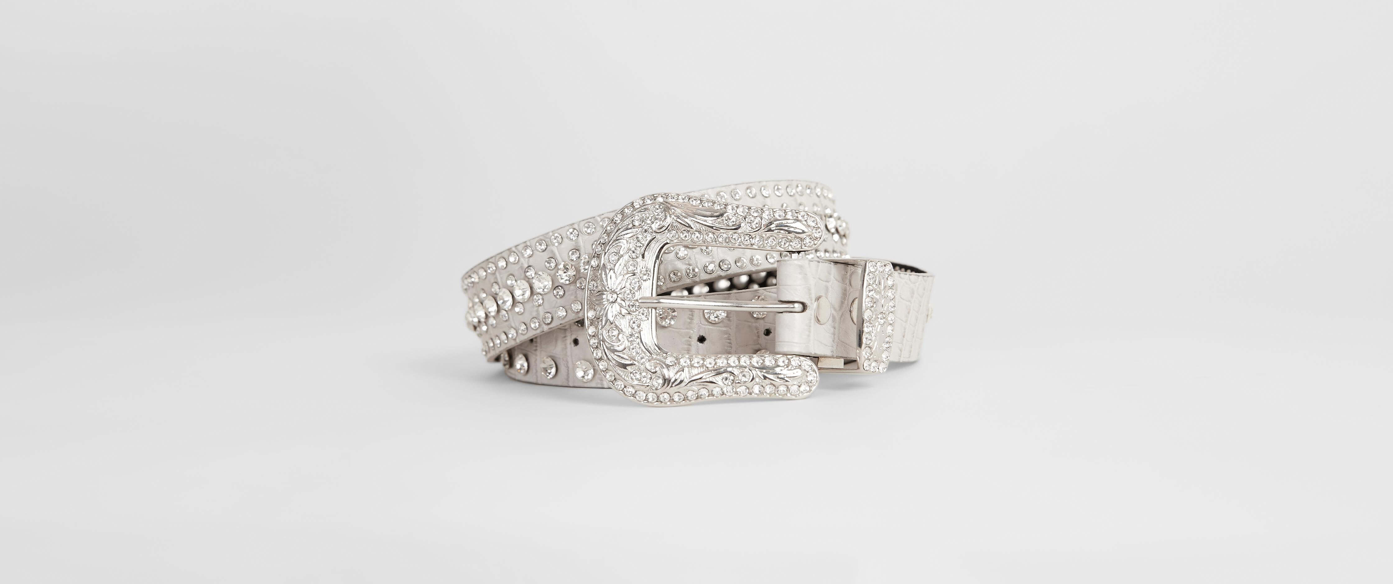 BKE Rhinestone Leather Belt Women's Belts in Cream Buckle