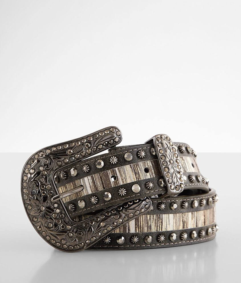 BKE Metallic Striped Leather Belt Women's Belts in Metallic Grey Buckle