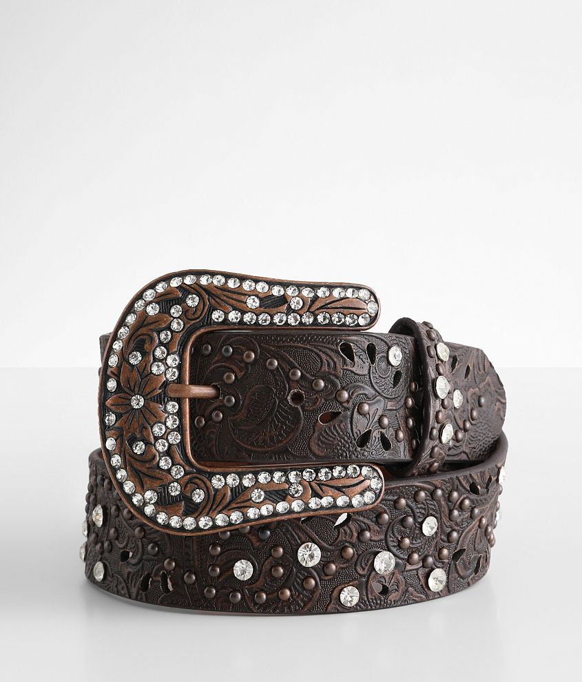 Women's Western Rhinestone studded Leather Belt - Black