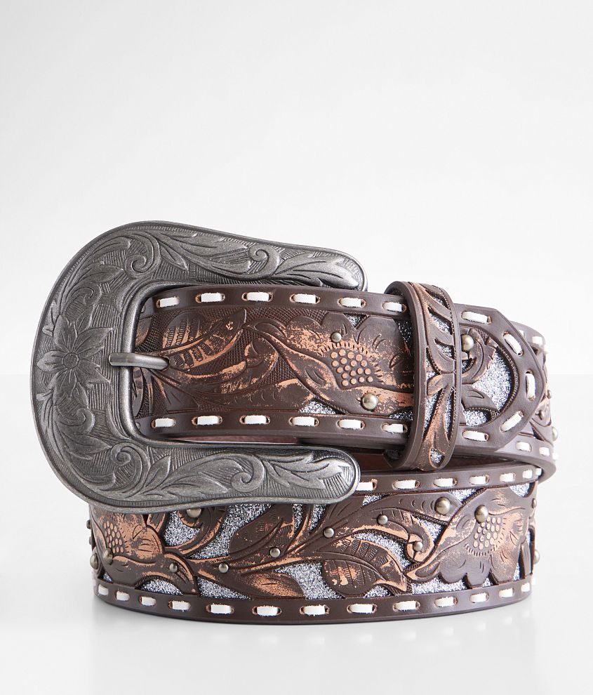 BKE Tooled Leather Glitter Belt front view