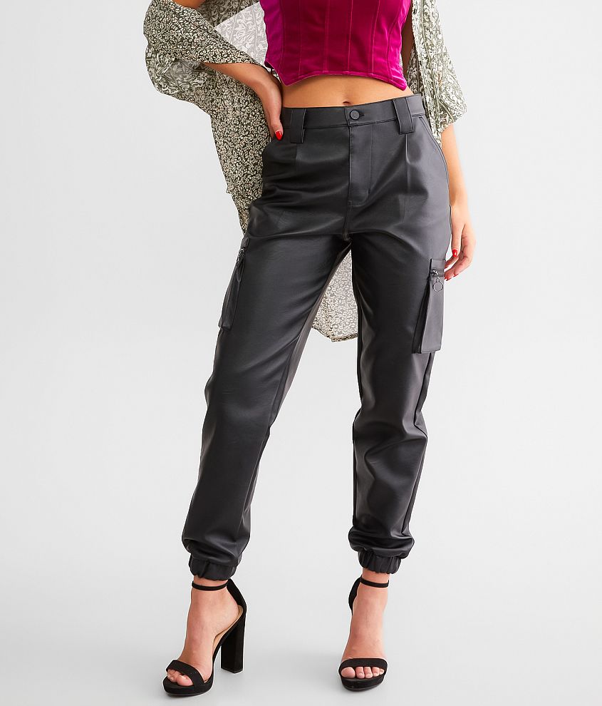 Women's High Waisted Leather Look Cargo Joggers