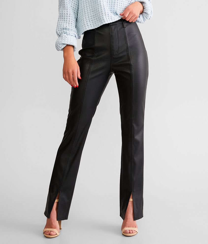 KanCan High Rise Faux Leather Split Straight Pant - Women's Pants in Black