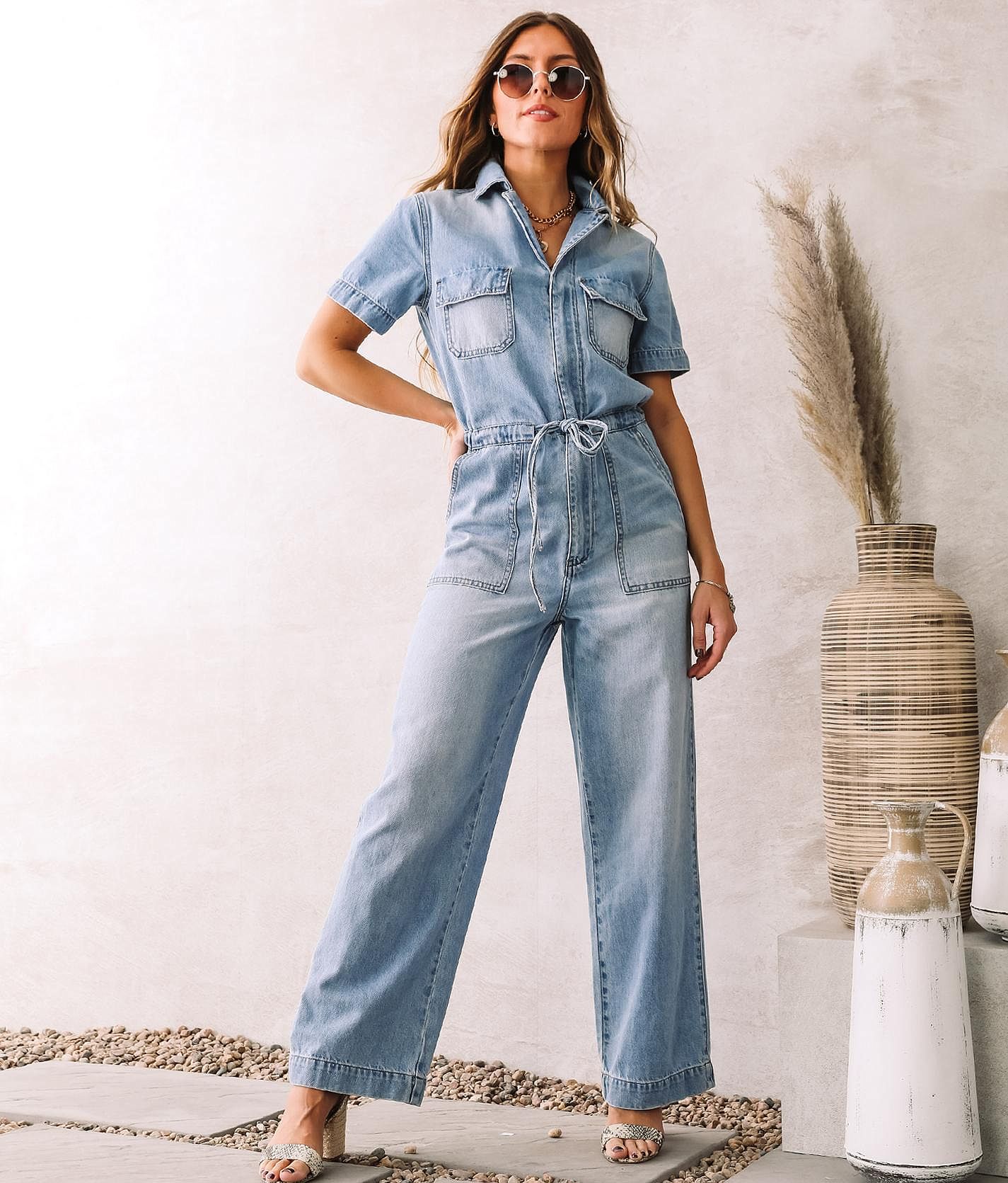 ♡cancan♡ KanCan Front Cinch Tie Denim Jumpsuit - Women's Rompers