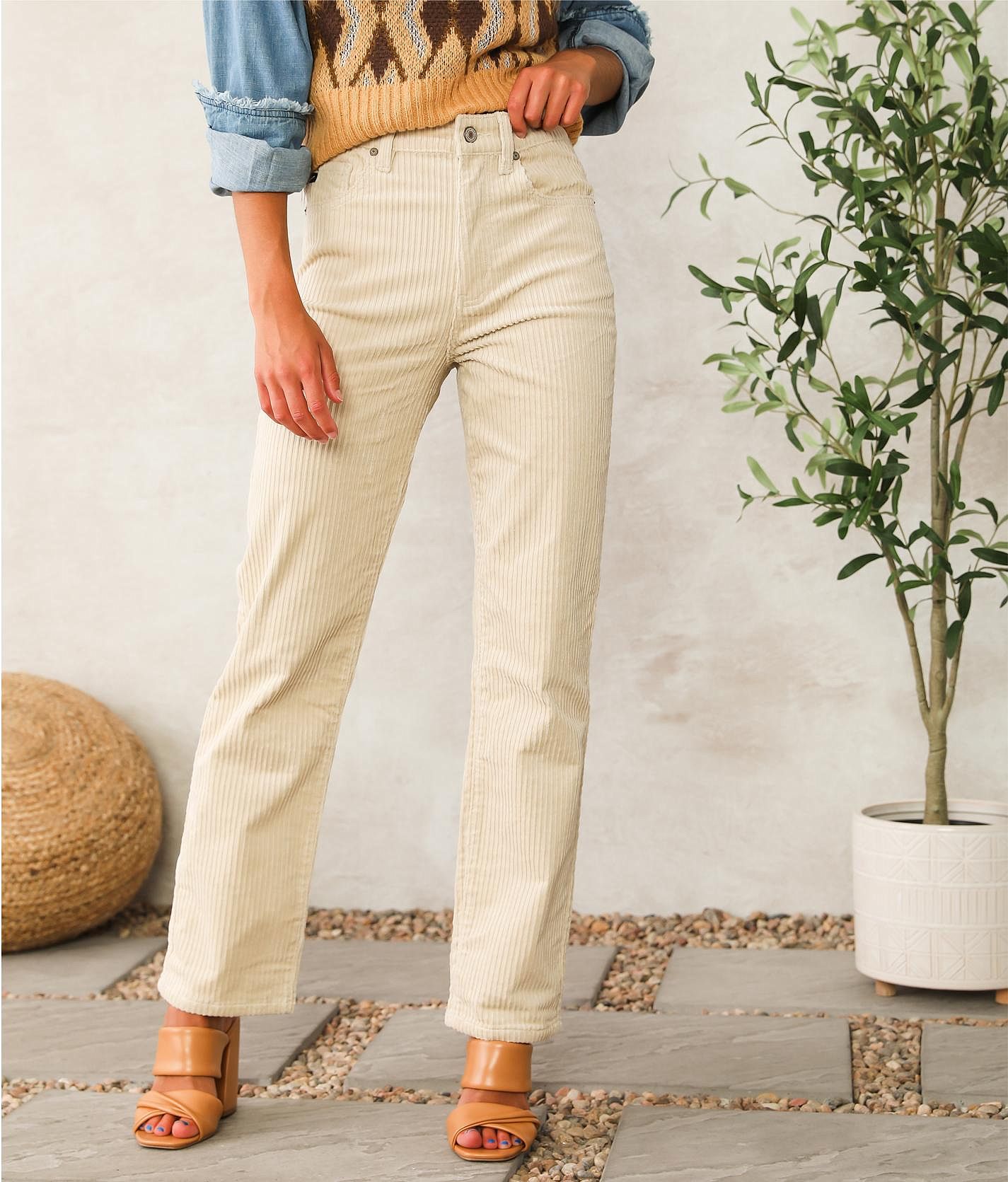 Retro Cuteness Beige Corduroy High-Waisted Straight Leg Pants