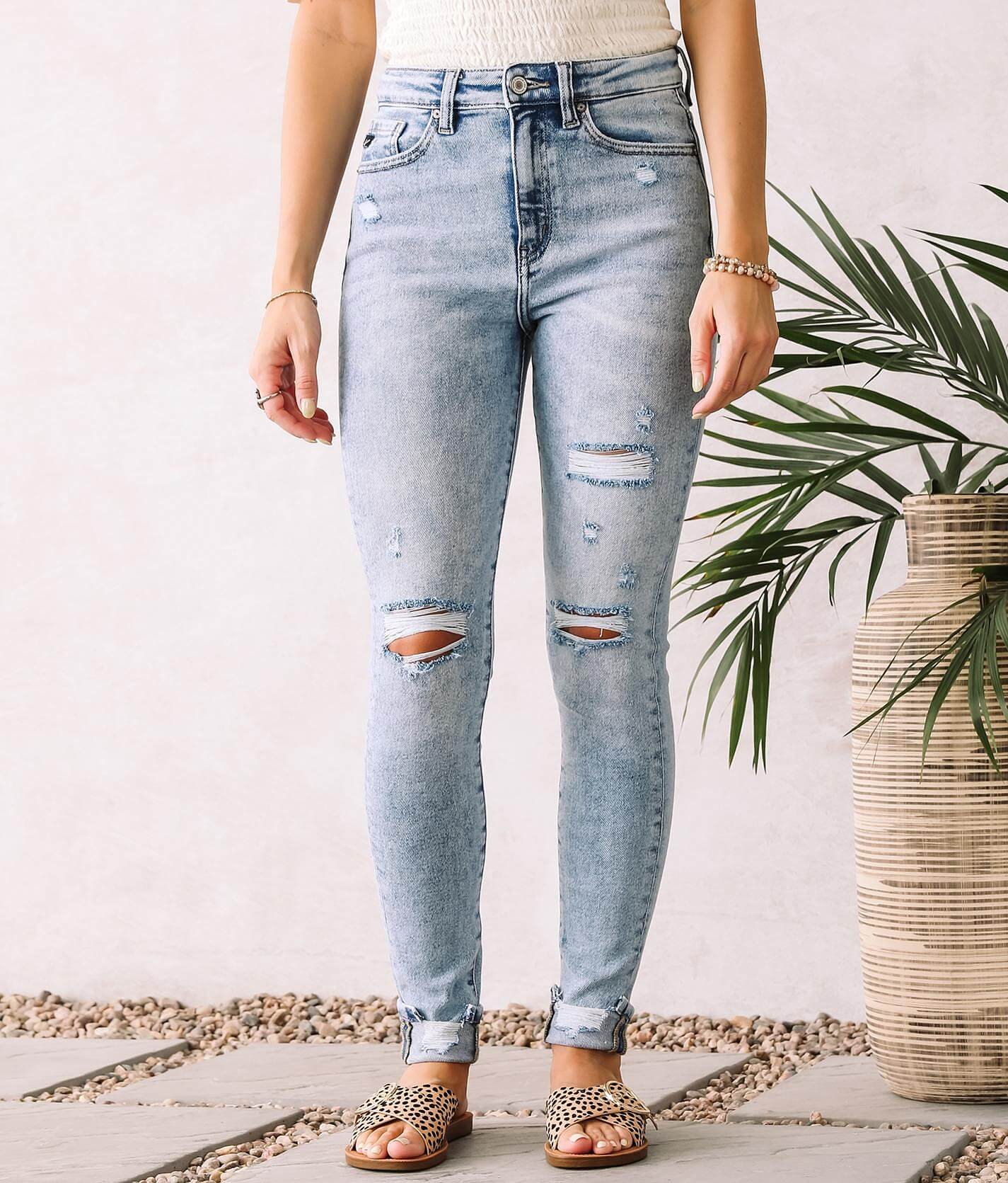 Kancan Women's High Rise Ankle Skinny Jeans KC9142D - Dark Wash, Distressed Hem, Size 31 Regular