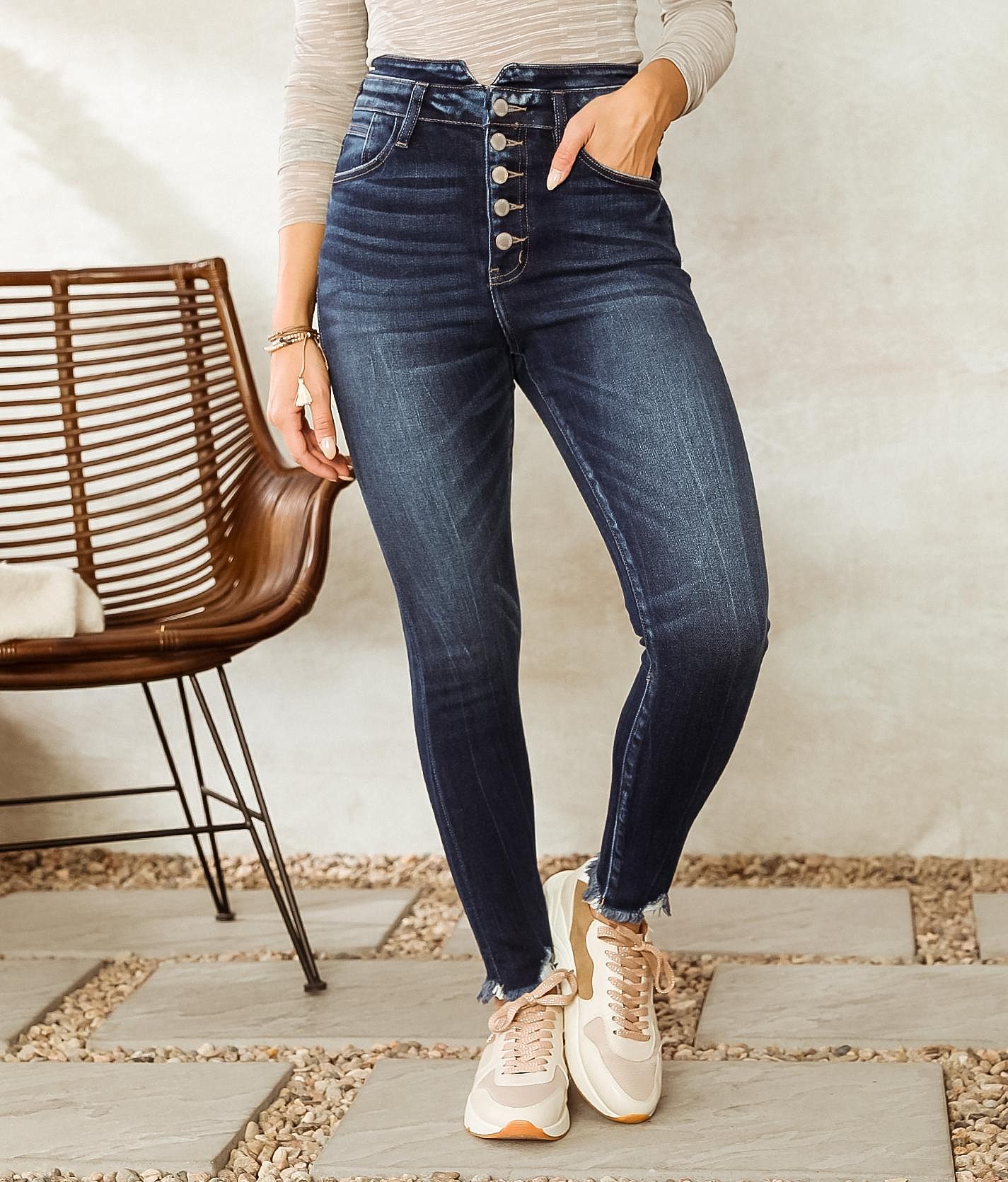 【HI FI FNK】Jest Side Pintuck Denim Sneak Peek Womens High Rise 70s Flare Jeans