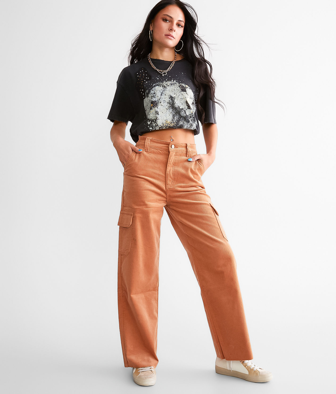 KanCan Signature 90s Cropped Wide Leg Corduroy Cargo Pant 