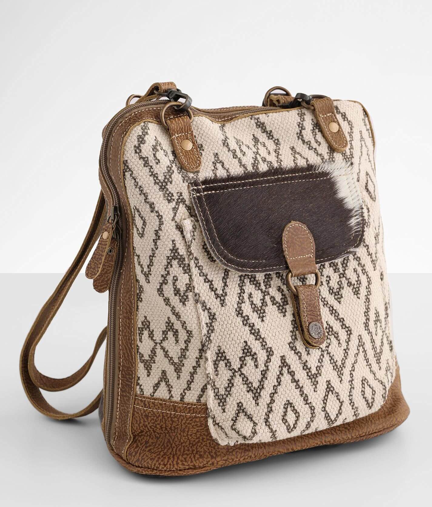 ? Myra Bag Gray and Brown Textured Backpack with Leather Accents Myra Bag Silvery Touch Cowhide Leather Backpack - Women main image 2