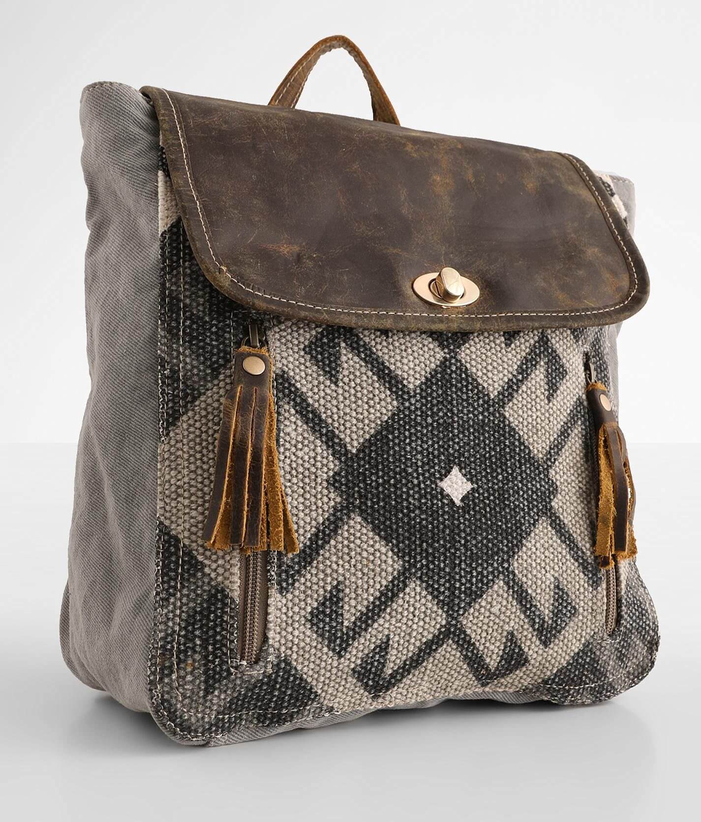 Myra Bags popular Women's Grey Brown Canvas Leather Turn Lock Felicity Backpack