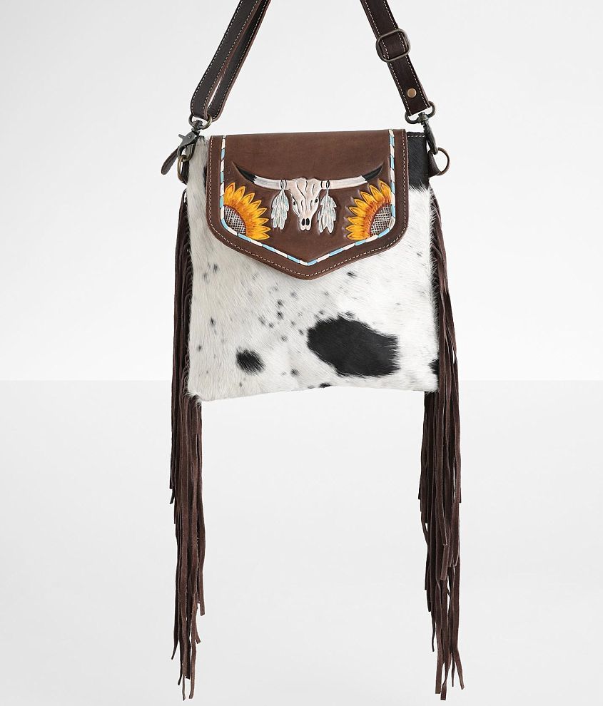 Cowhide Crossbody Purse With Fringe, Myra Leather, Tote, Country