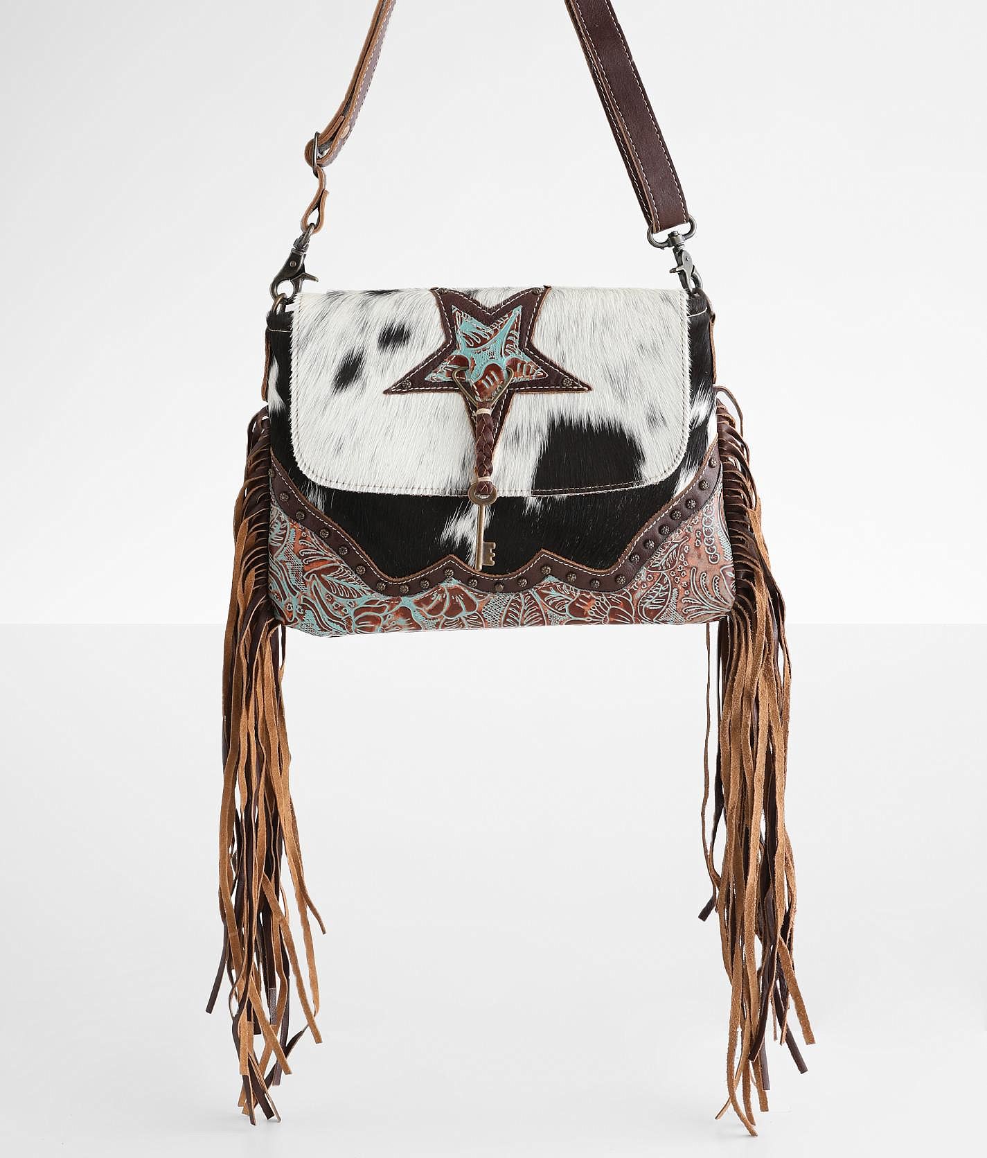 Myra Bag Twinkles Leather Crossbody Fringe Purse - Women's Bags in Cowprint