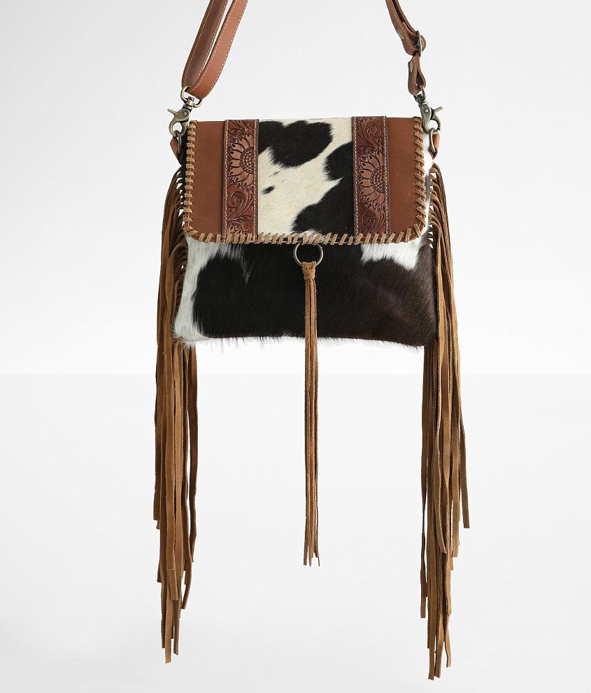 Cowhide Crossbody Purse With Fringe, Myra Leather, Tote, Country