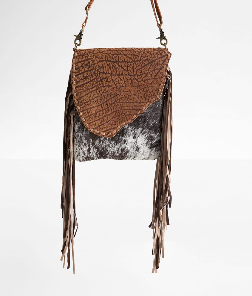 Cowhide Crossbody Purse With Fringe, Myra Leather, Tote, Country