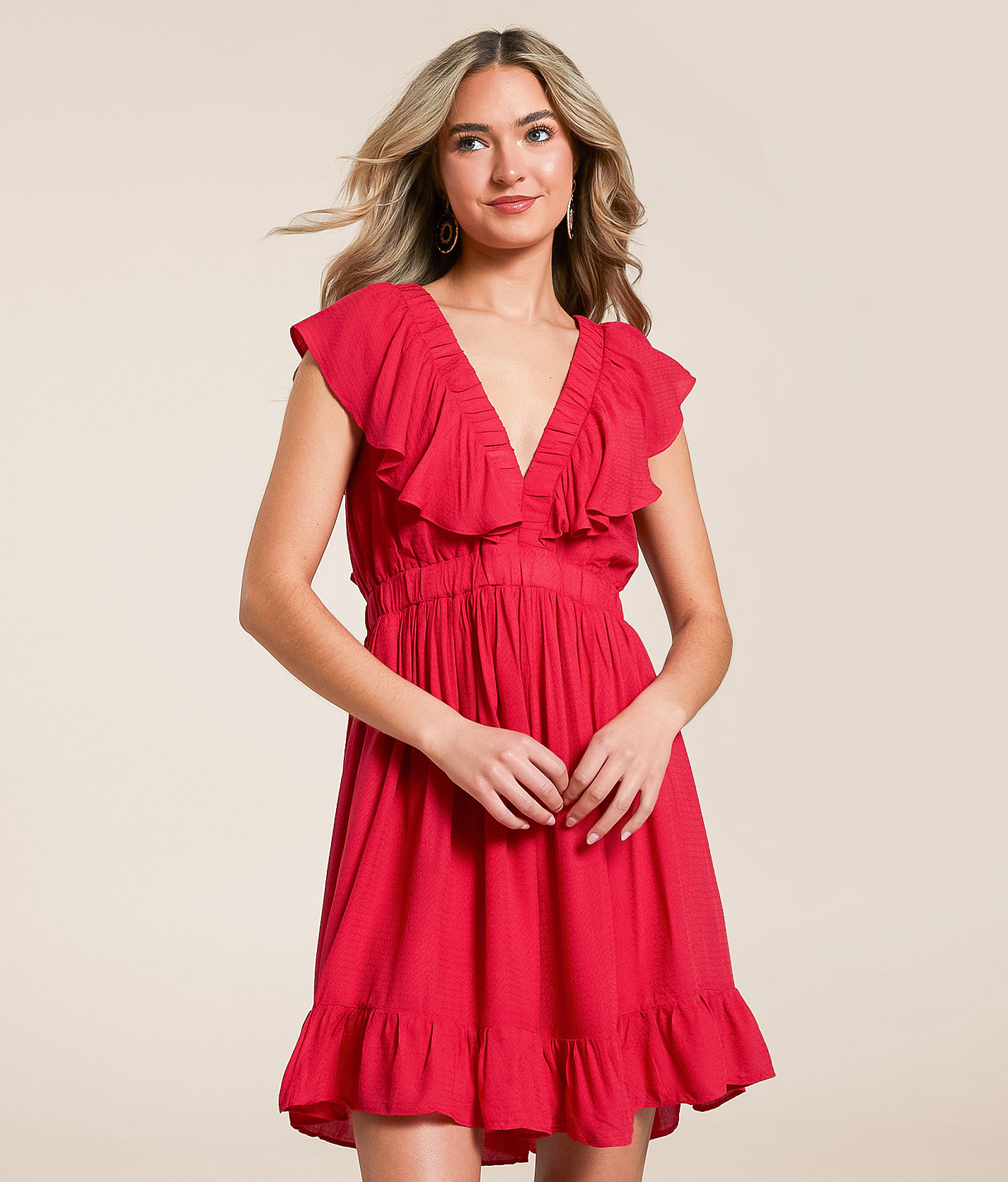 rosemary red ruffle mini dress Willow & Root Women's Polyester Ruffle Mini Dress in Tomato Puree/Red | Size: Small