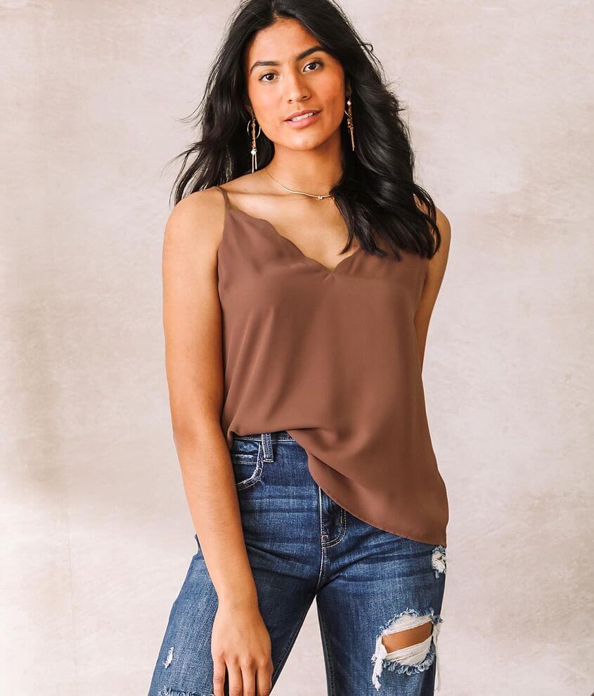 Socialite Scalloped V-Neck Tank Top - Women's Tank Tops in Dark Tan