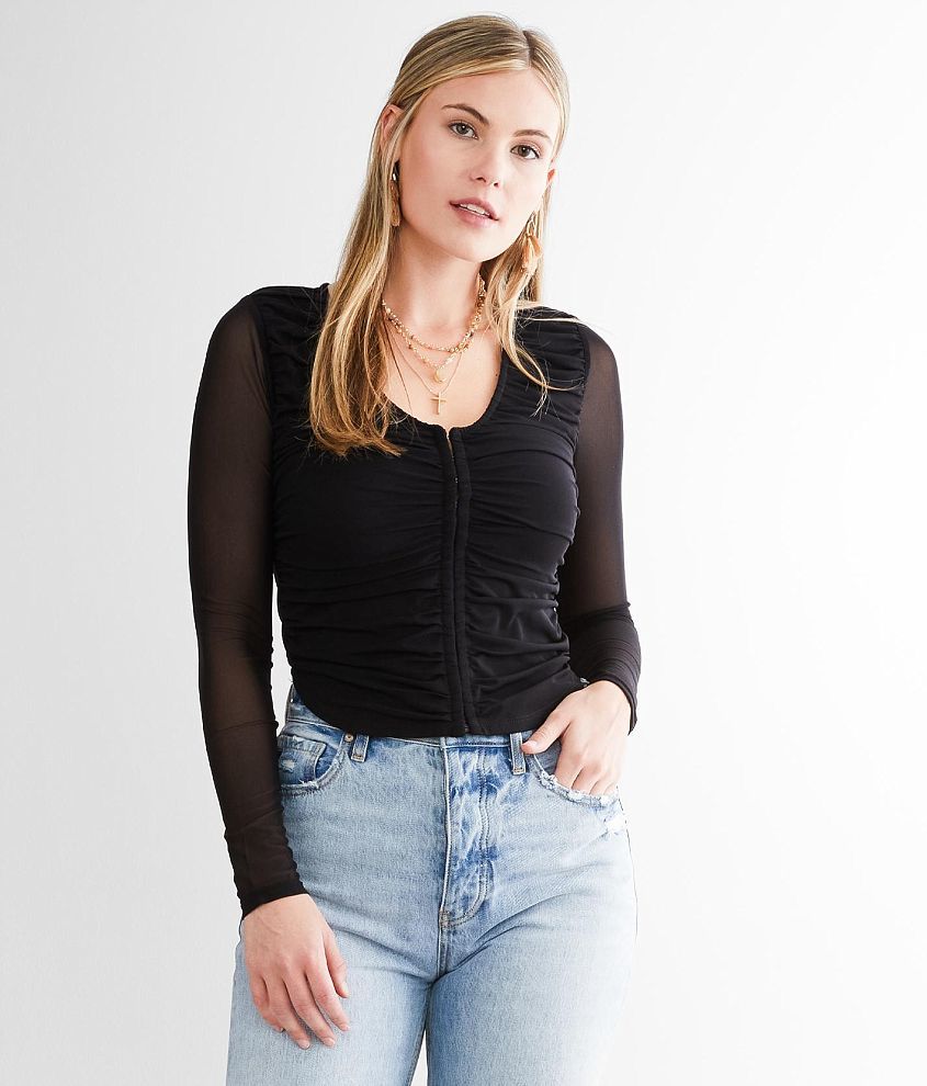 red by BKE Ruched Mesh Top - Women's Shirts/Blouses in Black