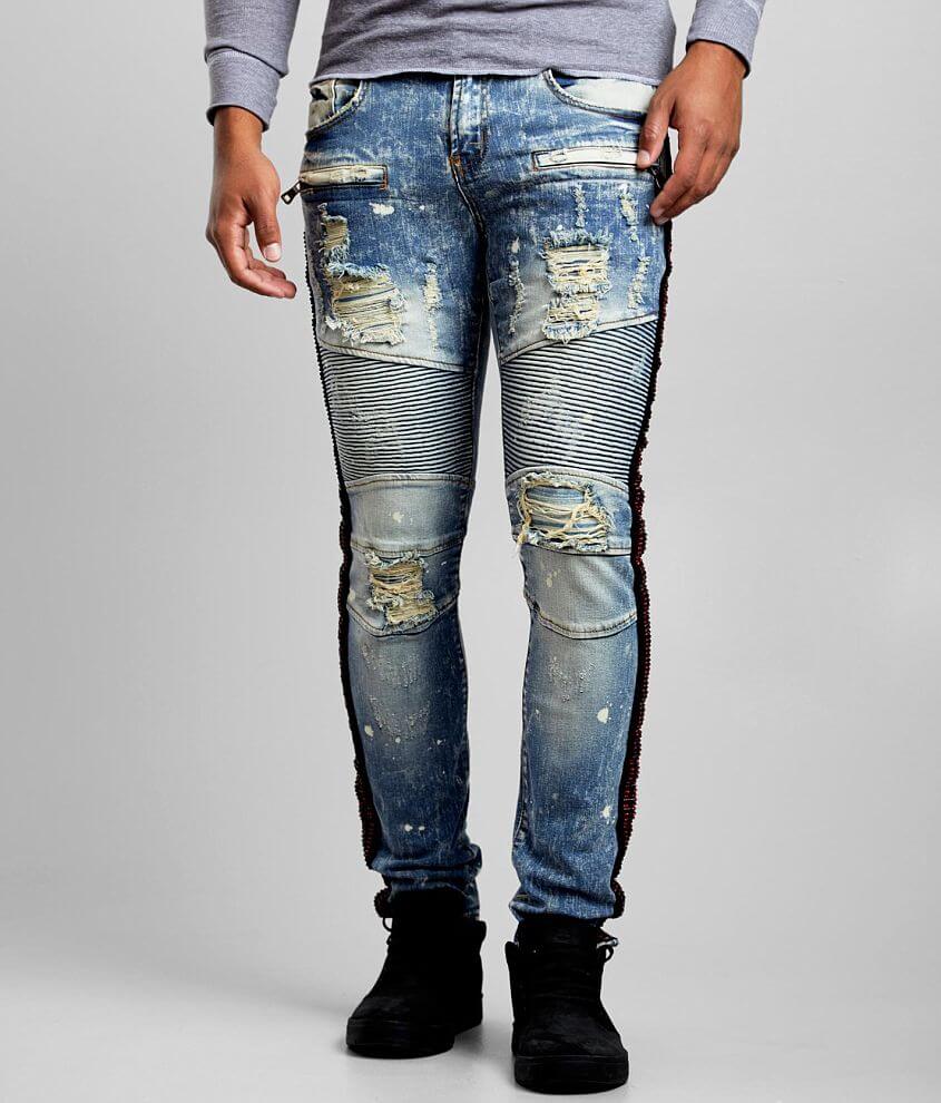 PREME Indigo Red Stones Moto Skinny Stretch Jean front view