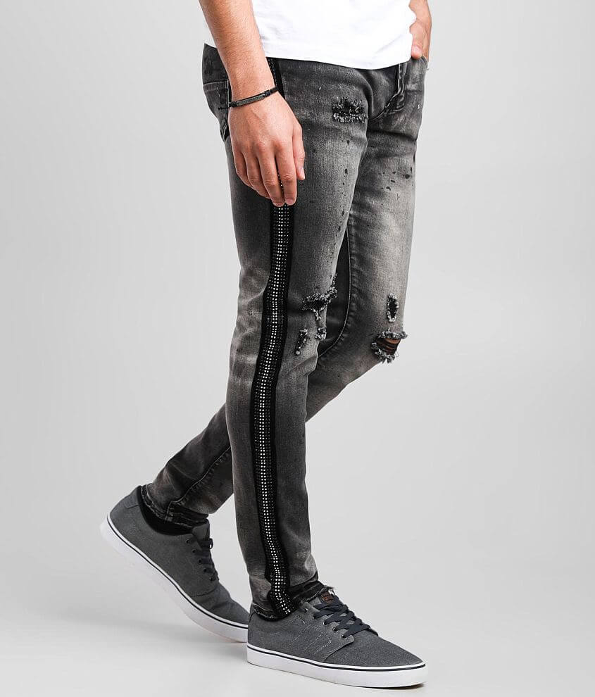 PREME Rhinestone Grey Skinny Stretch Jean front view