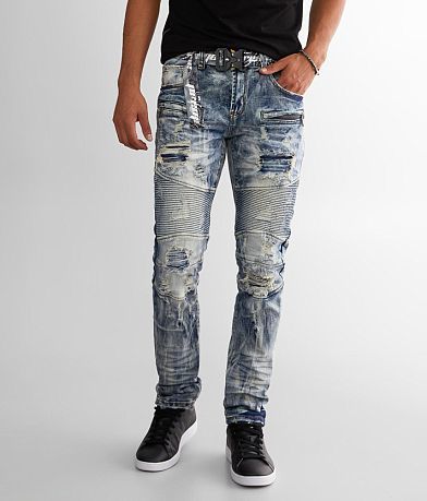 Ripped Biker Jeans for Men, Straight Leg Slim Fit Destroyed Stretch  Motorcycle Denim Pants Fashion Buckle Punk Jeans(Black,Small) at   Men's Clothing store