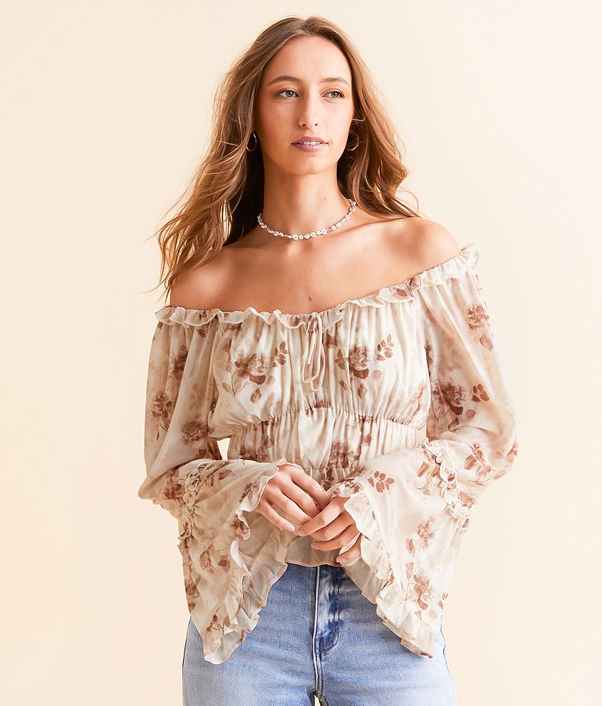 Willow &#38; Root Floral Mesh Ruffle Top front view