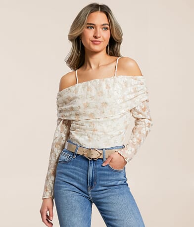 Willow & Root Flocked Floral Ruched Top front view