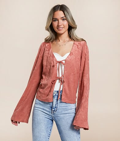 Willow & Root Floral Terry Cloth Front Tie Top front view