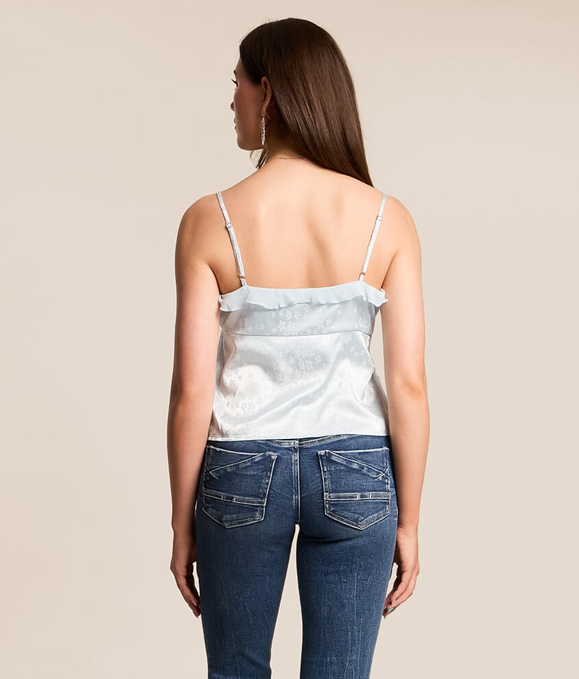 Embroidered Floral Satin RuffleTank Top